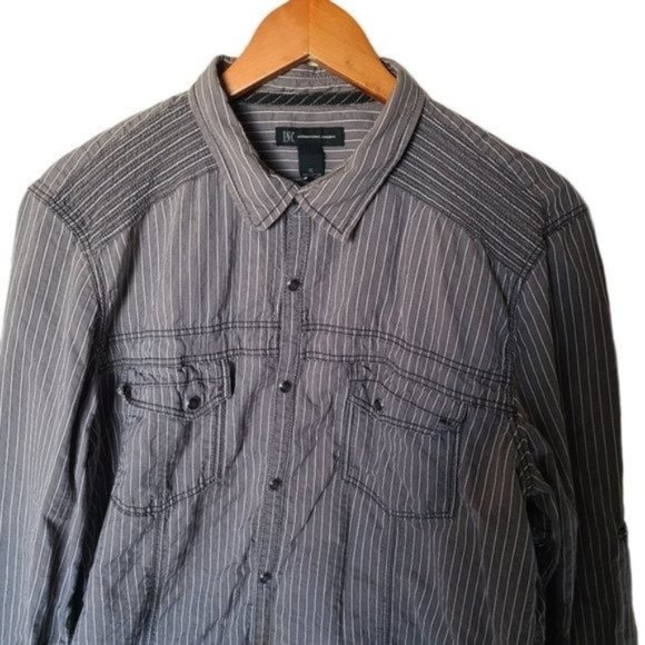 I.N.C. Mens Long Sleeve Gray‎ Stripe Shirt XL Snap - Picture 3 of 14